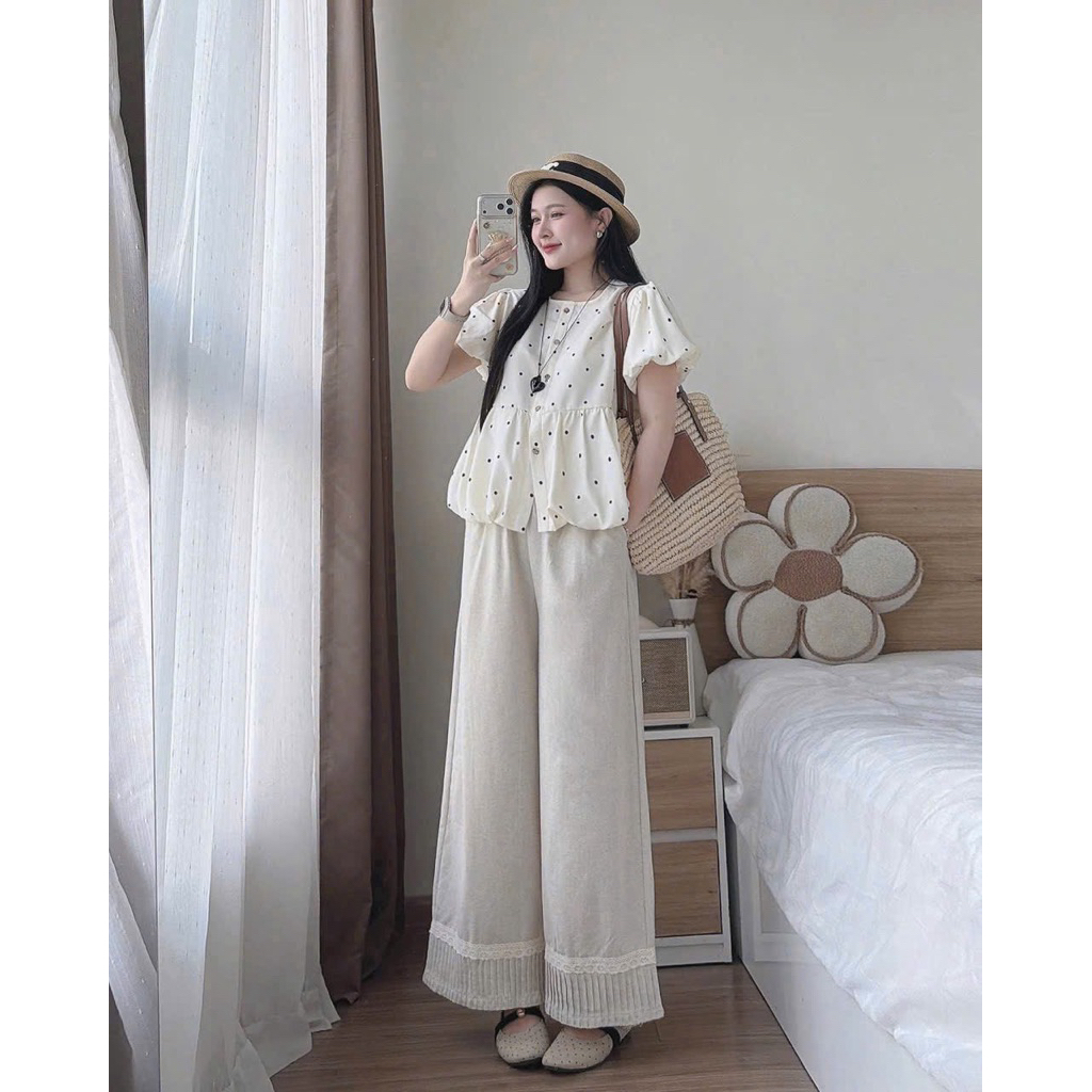 Set Áo Chấm Bi Tay Bí Mix Quần Ống Suông Dán Hàn Loại 1