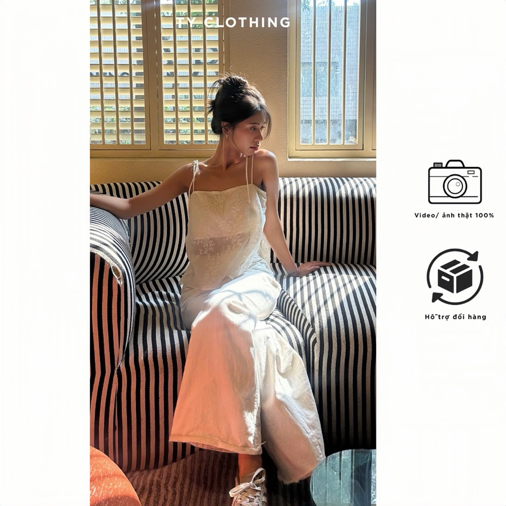 [ TY CLOTHING ] Áo nữ kiểu 2 dây cột, vải hoạ tiết kèm lớp lót lụa, Màu Be, Màu Xanh - Hàng Thiết Kế - TY CLOTHING