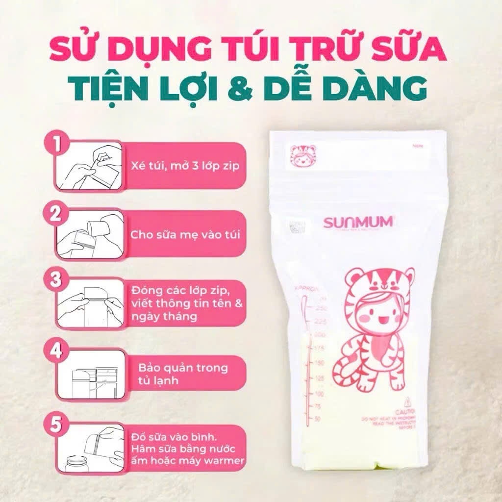 Túi trữ sữa Sunmum 250ml, 150ml, 100ml khóa zipper 3 lớp, chống đổ, chính hãng Thái Lan