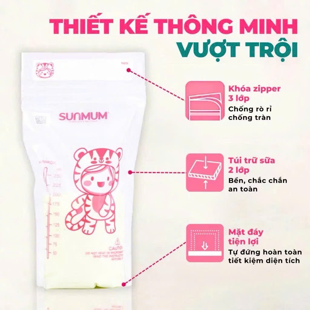 Túi trữ sữa Sunmum 250ml, 150ml, 100ml khóa zipper 3 lớp, chống đổ, chính hãng Thái Lan