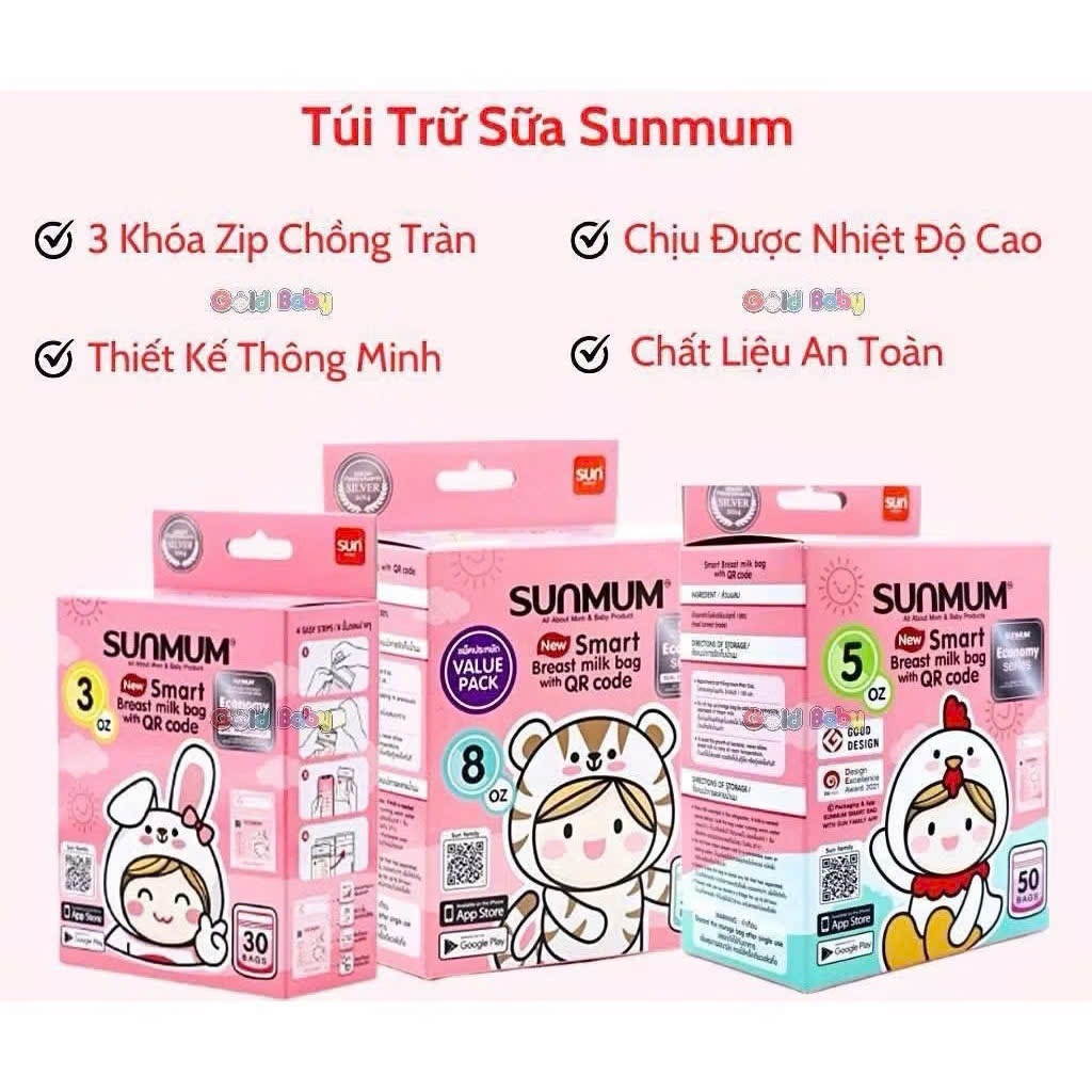 Túi trữ sữa Sunmum 250ml, 150ml, 100ml khóa zipper 3 lớp, chống đổ, chính hãng Thái Lan