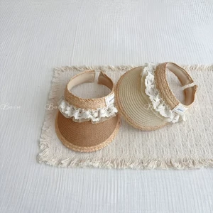 Mũ cói nửa đầu bé gái ren vintage – Mũ visor chống nắng cho bé phong cách Hàn Quốc
