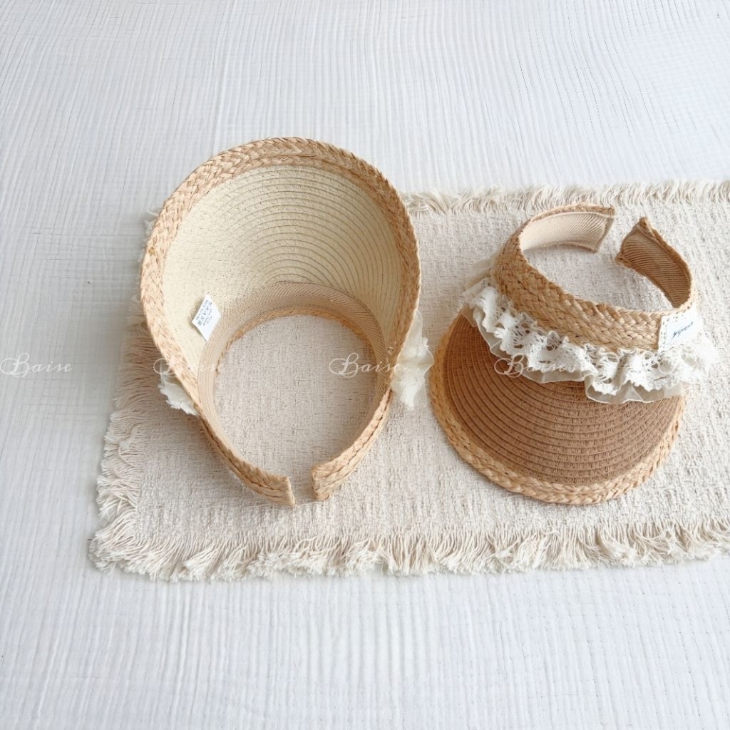 [1-5 Tuổi] Mũ cói nửa đầu bé gái ren vintage – Mũ visor chống nắng cho bé phong cách Hàn Quốc