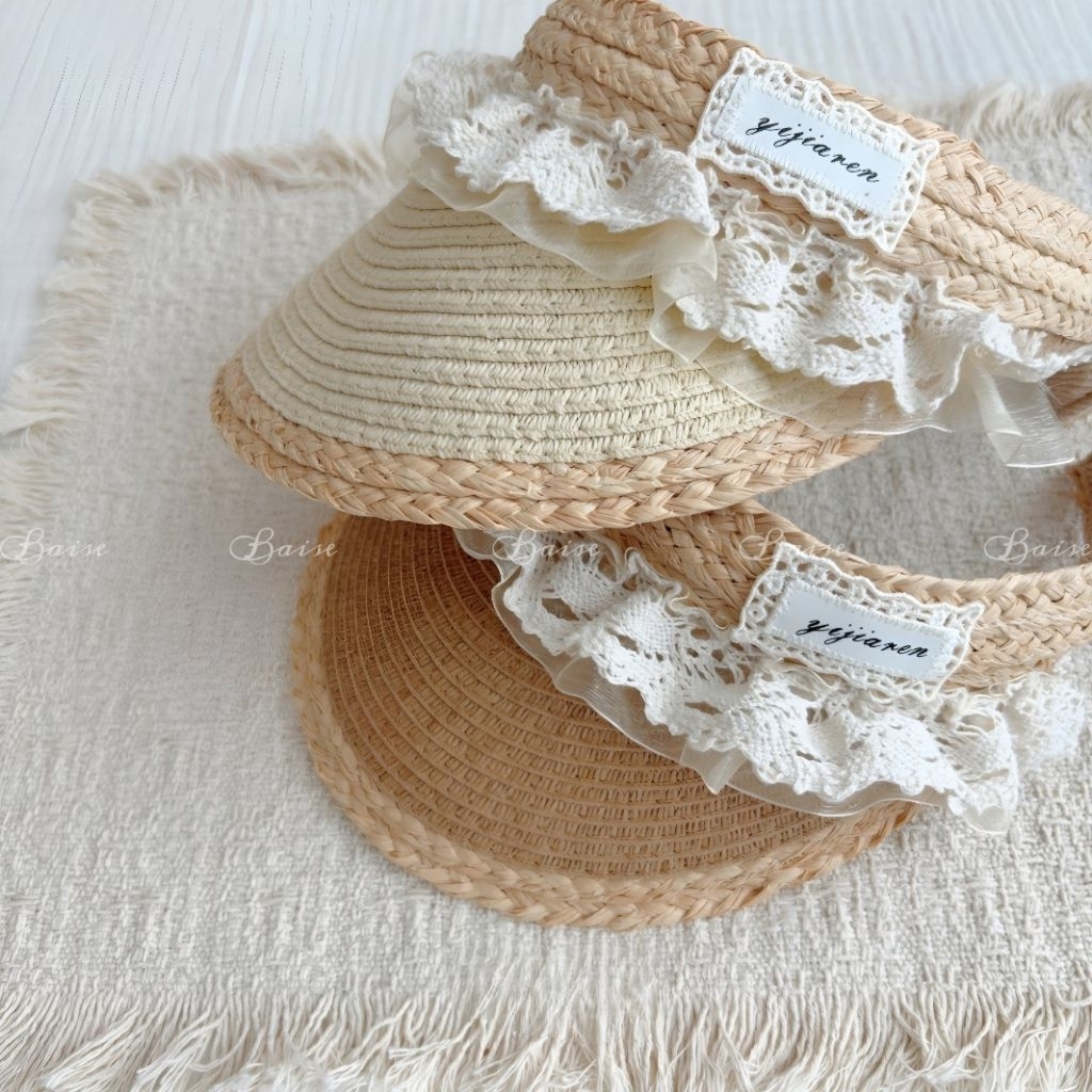 [1-5 Tuổi] Mũ cói nửa đầu bé gái ren vintage – Mũ visor chống nắng cho bé phong cách Hàn Quốc