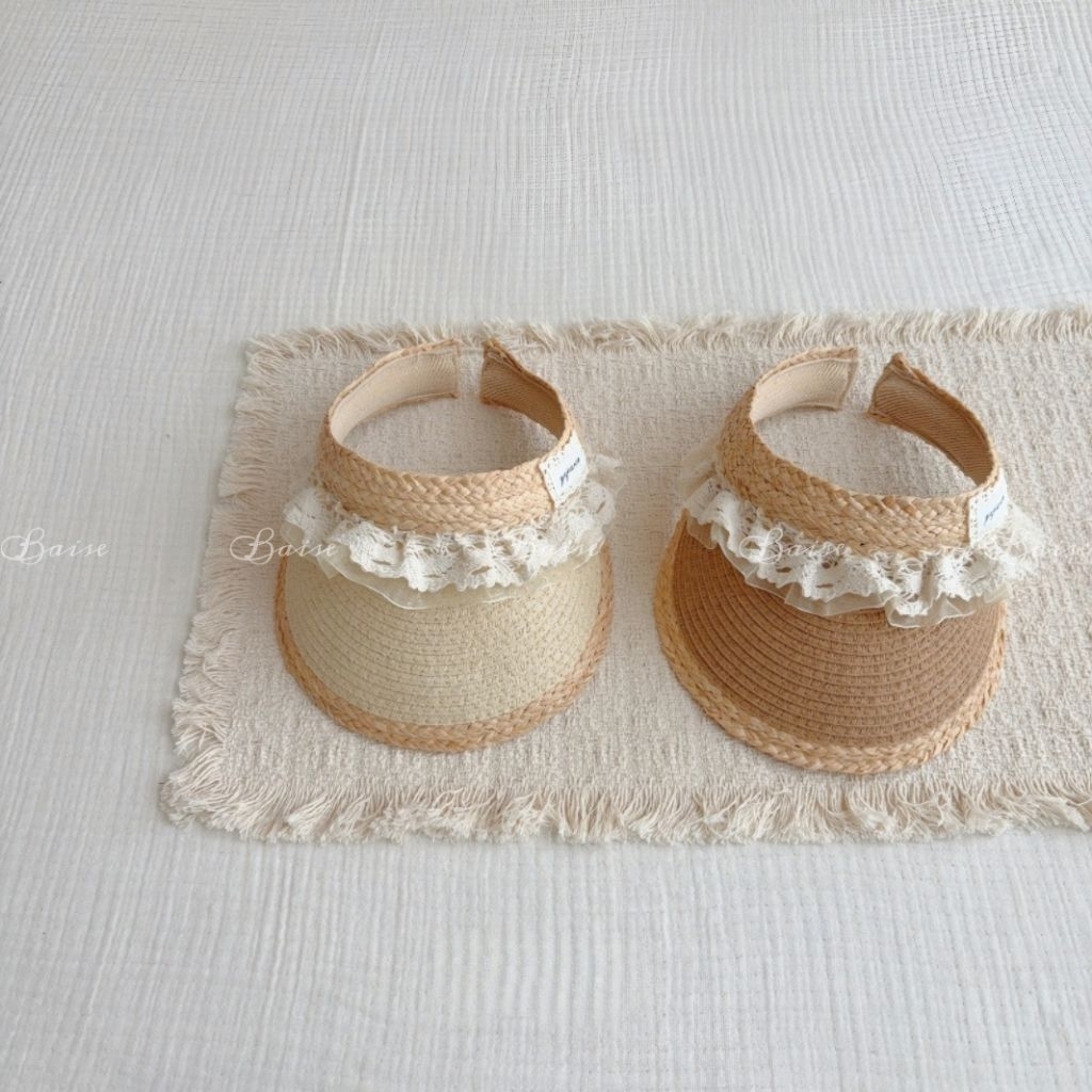 [1-5 Tuổi] Mũ cói nửa đầu bé gái ren vintage – Mũ visor chống nắng cho bé phong cách Hàn Quốc