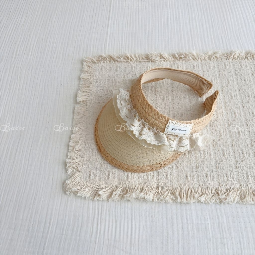 [1-5 Tuổi] Mũ cói nửa đầu bé gái ren vintage – Mũ visor chống nắng cho bé phong cách Hàn Quốc