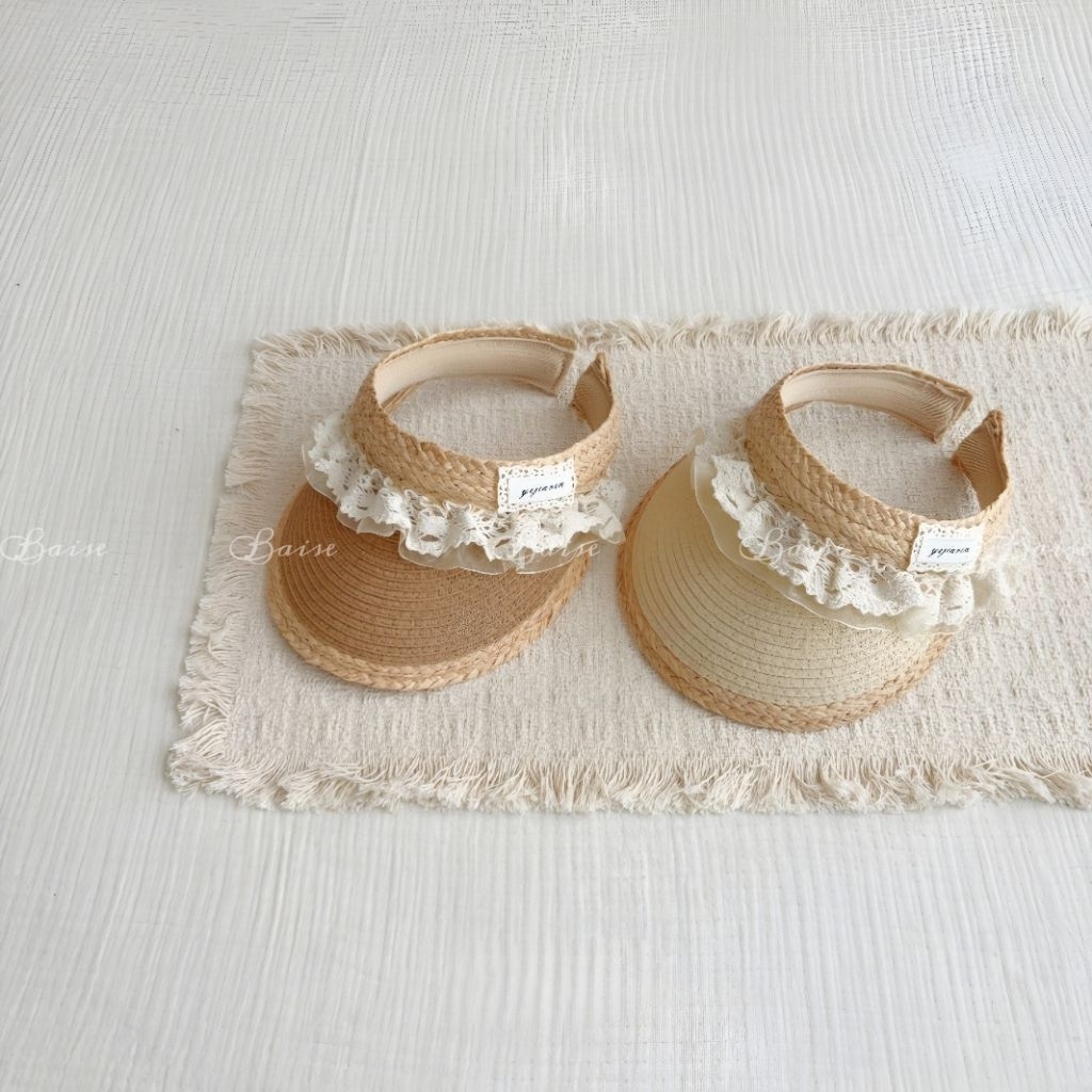 [1-5 Tuổi] Mũ cói nửa đầu bé gái ren vintage – Mũ visor chống nắng cho bé phong cách Hàn Quốc