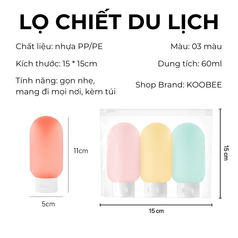 Set 3 Lọ Chiết Mỹ Phẩm Du Lịch 60ml KOOBEE – Chai Đựng Dầu Gội, Sữa Tắm, Lotion, Toner Kèm Túi (207)