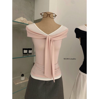 𝐏𝐡𝐢𝐞𝐧 𝐖𝐆𝐖𝐄 | (Sẵn) w9144 Áo Thun Trễ Vai Phối Màu Cổ Dây Hơi Ôm Nhẹ