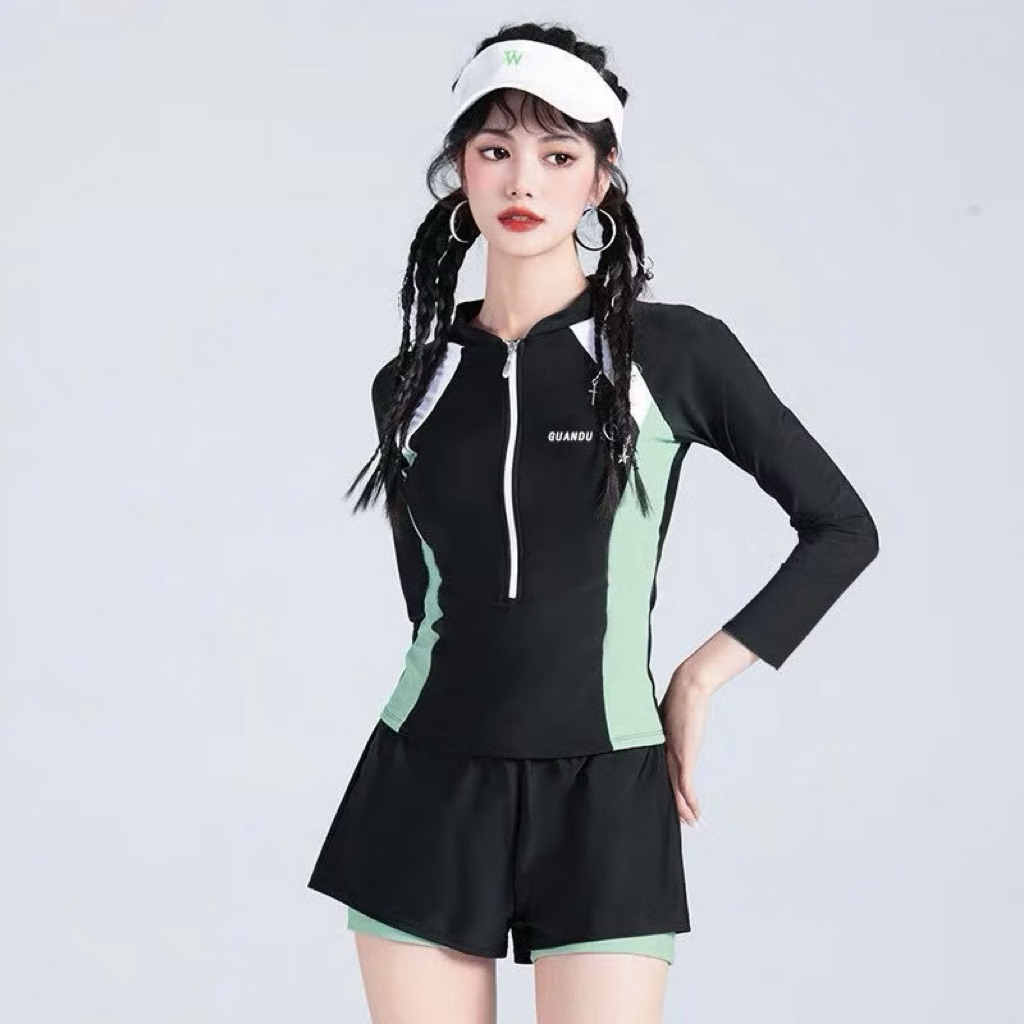 Đồ Bơi Nữ 2 Mảnh Tay Dài Khóa Kéo Quần Đùi 2 Lớp Kín Đáo Phối Màu Năng Động, Tôn Dáng BIKINI SEA