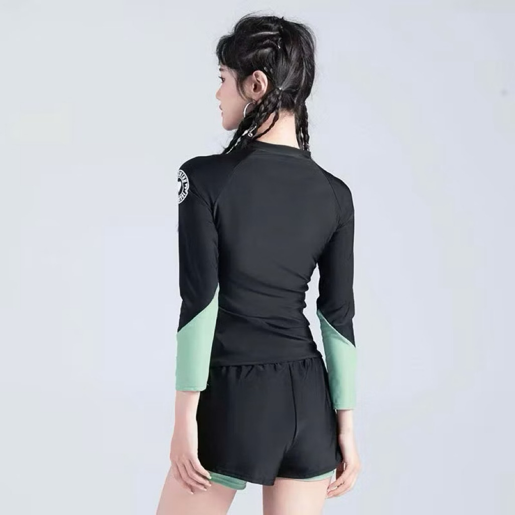 Đồ Bơi Nữ 2 Mảnh Tay Dài Khóa Kéo Quần Đùi 2 Lớp Kín Đáo Phối Màu Năng Động, Tôn Dáng BIKINI SEA