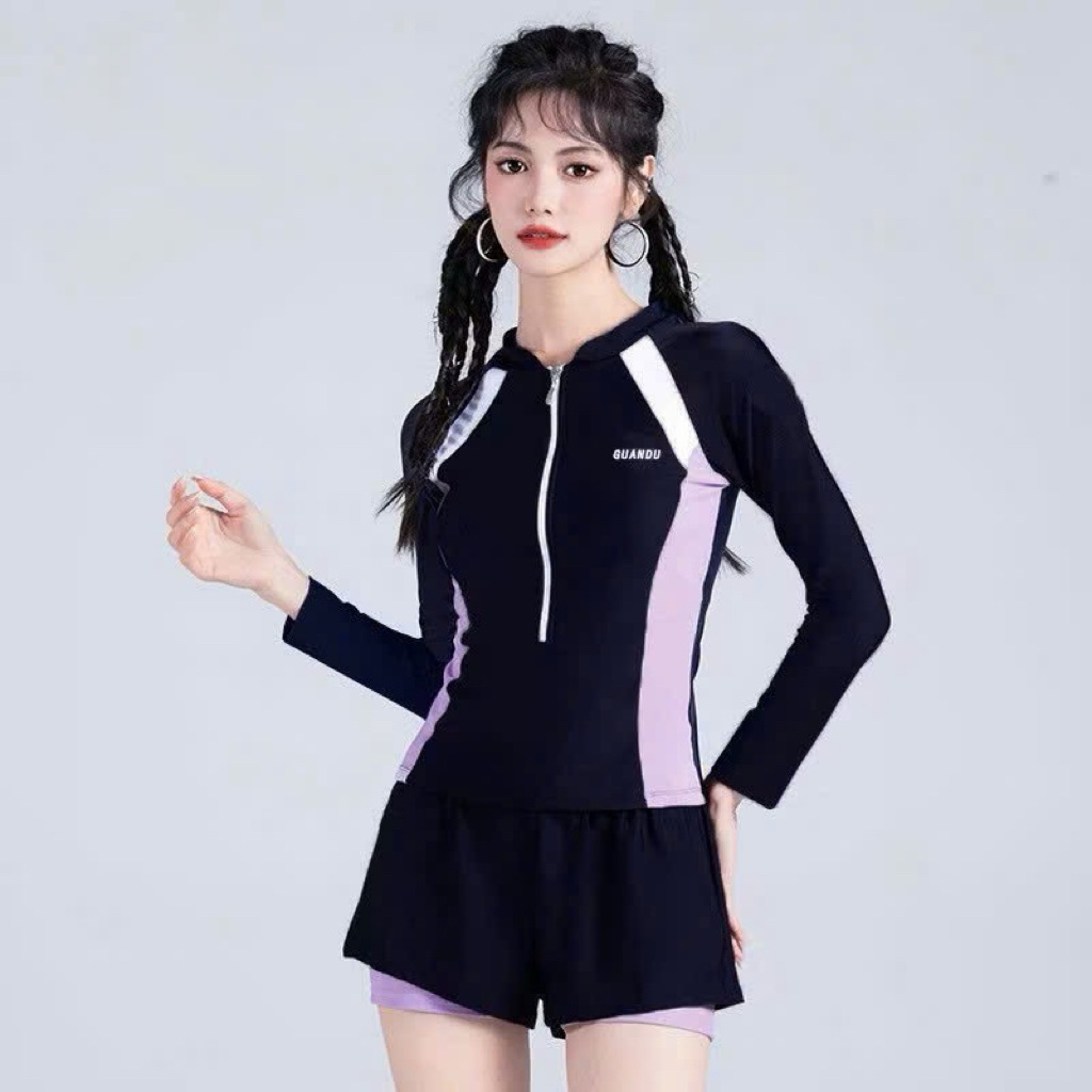 Đồ Bơi Nữ 2 Mảnh Tay Dài Khóa Kéo Quần Đùi 2 Lớp Kín Đáo Phối Màu Năng Động, Tôn Dáng BIKINI SEA