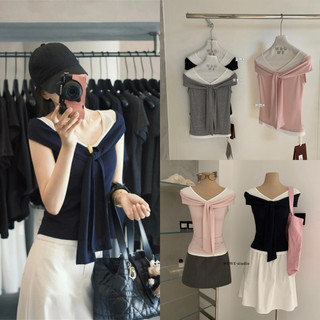 𝐏𝐡𝐢𝐞𝐧 𝐖𝐆𝐖𝐄 | (Sẵn) w9144 Áo Thun Trễ Vai Phối Màu Cổ Dây Hơi Ôm Nhẹ