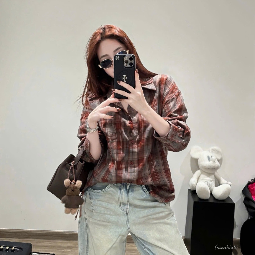 Áo sơ mi kẻ dài tay Theone, Sơ mi kiểu phom rộng dáng dài SM26100-B2TN - NhiNhi Shop | BigBuy360 - bigbuy360.vn