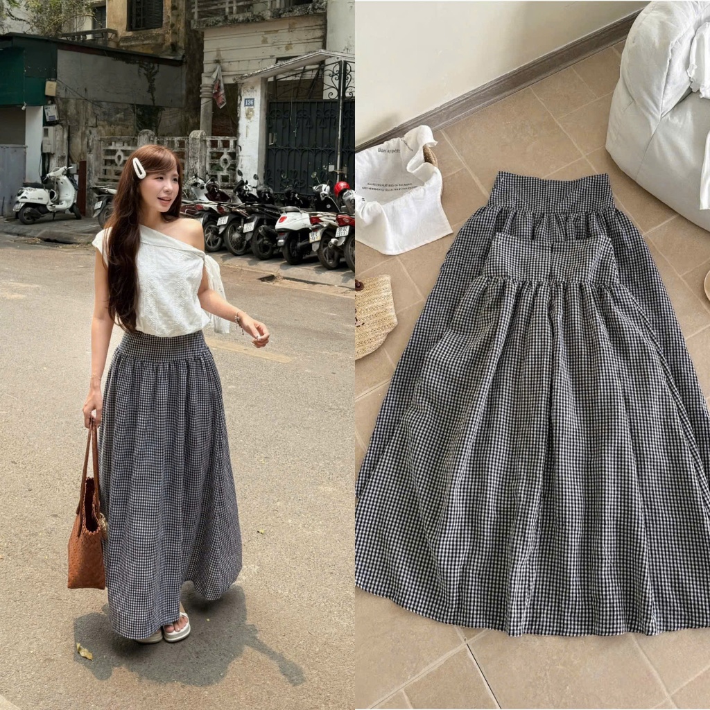 Gingham Skirt (TSW) Chân váy kẻ caro cạp phẳng dáng dài Nữ the.sweaterweather