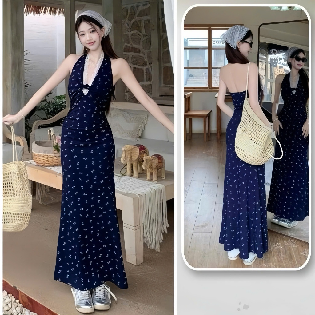 Đầm xanh yếm viền ren dáng dài ,chất thun tăm in hoa nhí thời trang