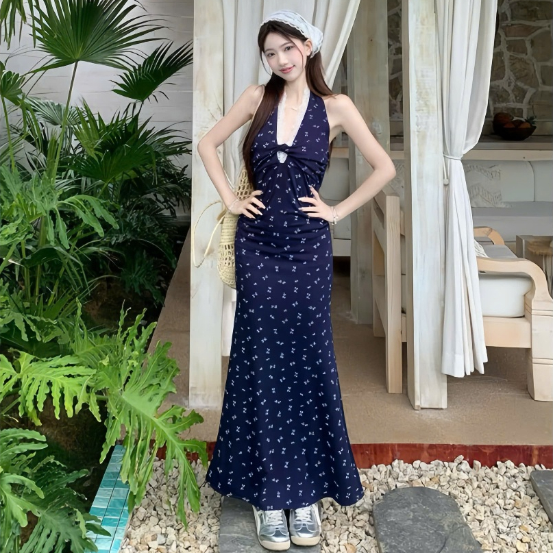 Đầm xanh yếm viền ren dáng dài ,chất thun tăm in hoa nhí thời trang