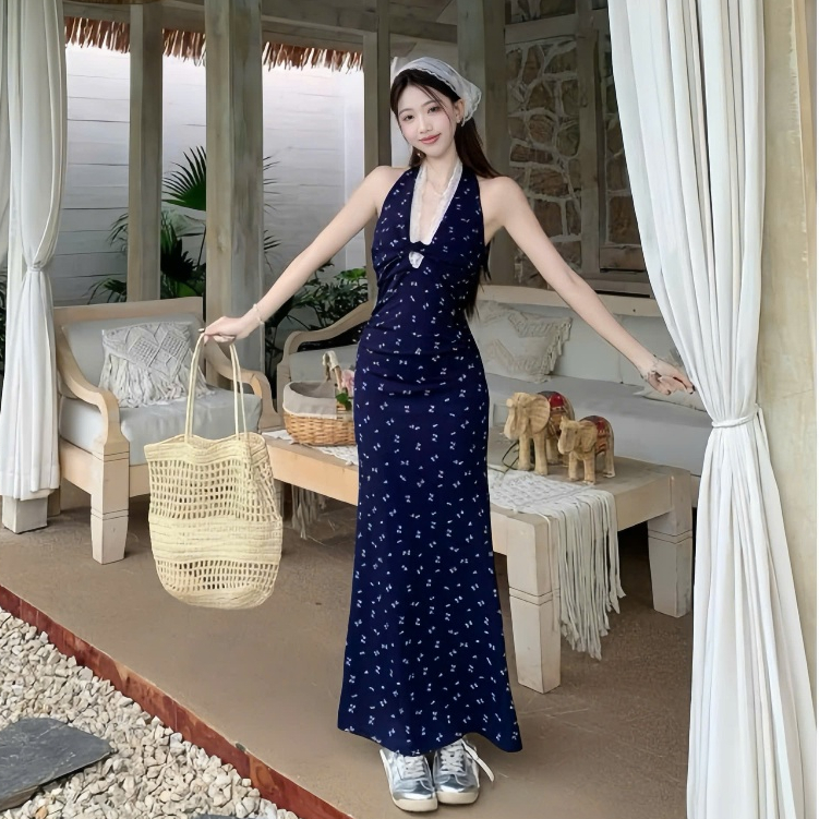 Đầm xanh yếm viền ren dáng dài ,chất thun tăm in hoa nhí thời trang