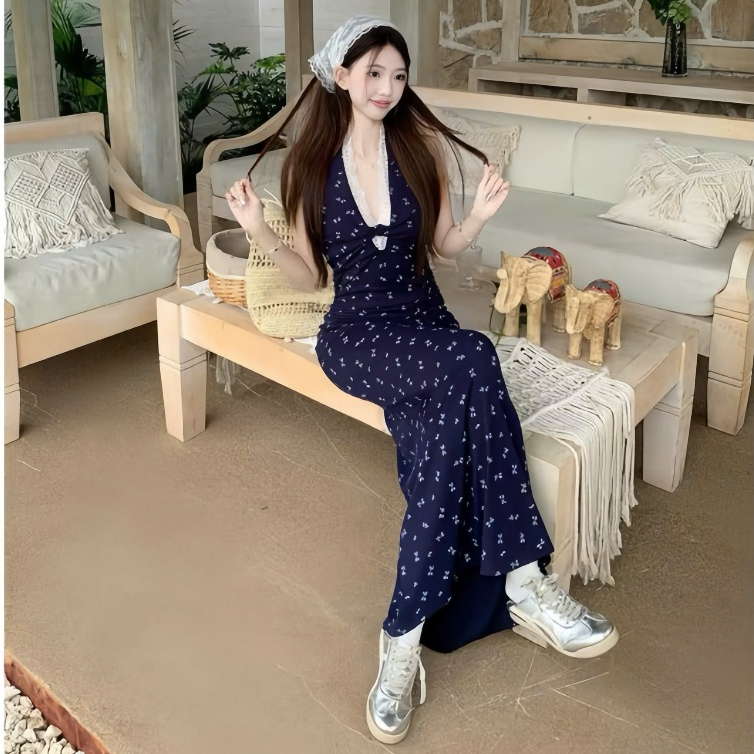Đầm xanh yếm viền ren dáng dài ,chất thun tăm in hoa nhí thời trang