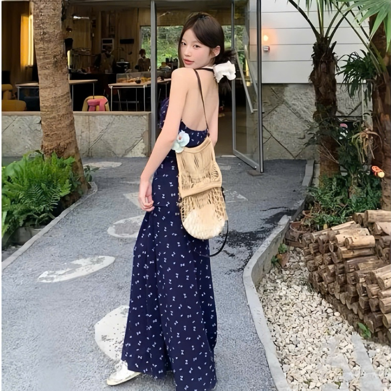 Đầm xanh yếm viền ren dáng dài ,chất thun tăm in hoa nhí thời trang