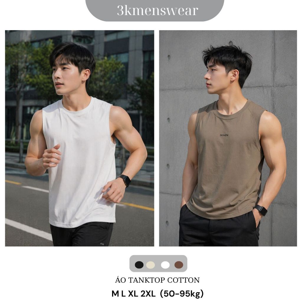 Áo Tanktop, Áo Sát Nách 3KMENSWEAR Chất Liệu Cotton Lạnh Mát Thấm Hút Tốt, Form từ 50 -85kg