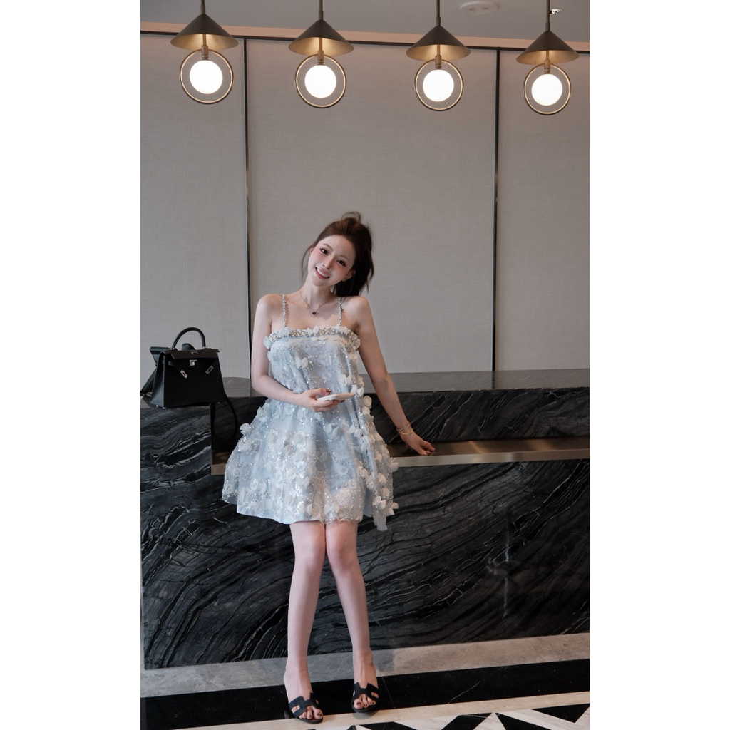 Đầm 2 dây ngọc kim sa hoa nổi Đoàn Thương