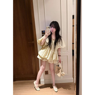 SET BABYDOLL MIX CHÂN VÁY BỒNG BÍ XANH CỐM VÀNG , BỘ ĐỒ NỮ THAOHUONG RK