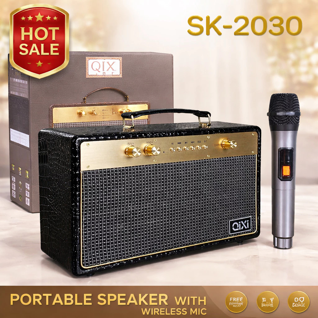 Loa Bluetooth Karaoke SK-2030 không dây công suất lớn kèm 2 mic không dây Led RGB nháy theo nhạc- REMI OFFICIAL