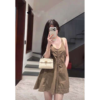 Váy Đầm Sát Nách Dáng Babydoll Nâu Tây Xoè Hot Hit