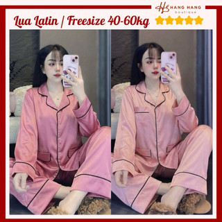 Đồ ngủ nữ 40-60kg, pijama dài tay viền lé túi giả lụa latin mịn mát 60DD39, đồ bộ nữ đồ mặc nhà trơn sang chảnh