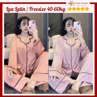 Đồ ngủ nữ 40-60kg, pijama dài tay viền lé túi giả lụa latin mịn mát 60DD39, đồ bộ nữ đồ mặc nhà trơn sang chảnh