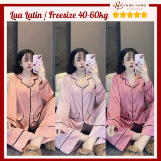Đồ ngủ nữ 40-60kg, pijama dài tay viền lé túi giả lụa latin mịn mát 60DD39, đồ bộ nữ đồ mặc nhà trơn sang chảnh