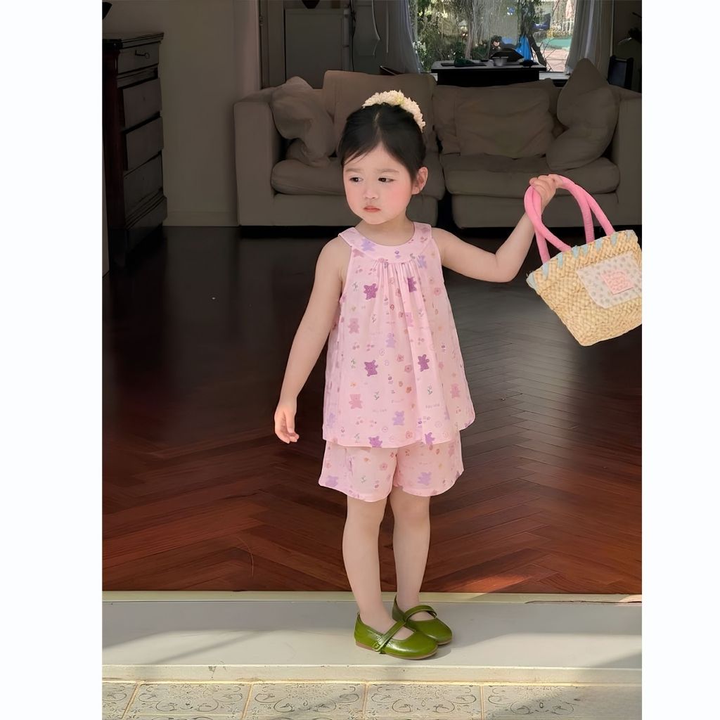 Bộ đồ đi biển mẫu 3 lỗ TĂM GÂN bé gái mùa hè chất tăm mềm mát thấm hút mồ hôi size 9 - 38kg