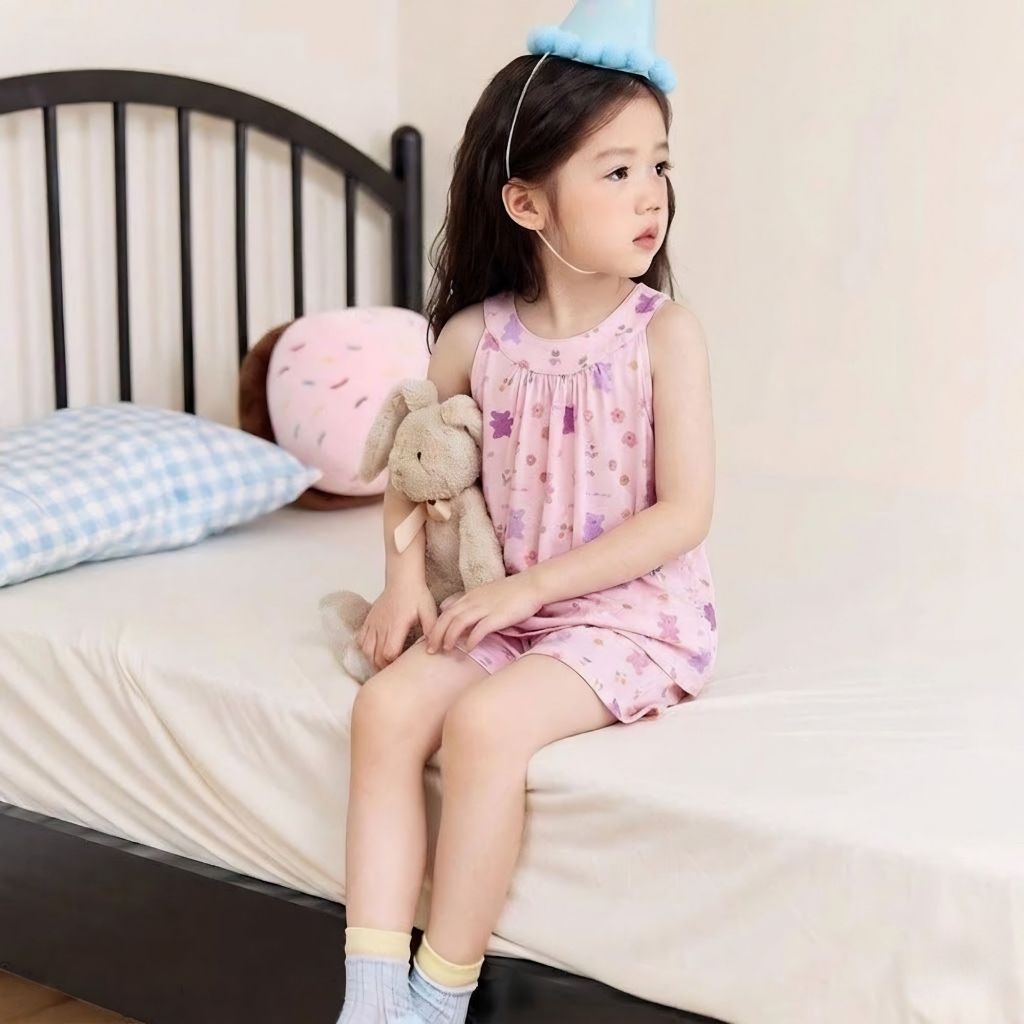 Bộ đồ đi biển mẫu 3 lỗ TĂM GÂN bé gái mùa hè chất tăm mềm mát thấm hút mồ hôi size 9 - 38kg
