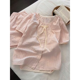 Bộ mặc nhà nữ mùa hè JOIE TRENDY, Set pijama cộc tay quần đùi đũi xốp thắt nơ màu hồng xinh xắn