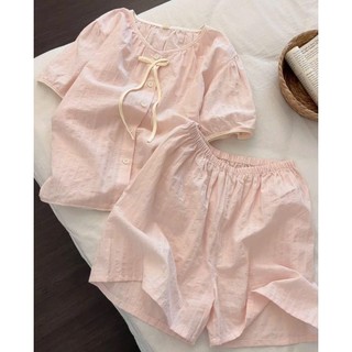 Bộ mặc nhà nữ mùa hè JOIE TRENDY, Set pijama cộc tay quần đùi đũi xốp thắt nơ màu hồng xinh xắn