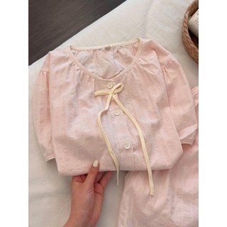 Bộ mặc nhà nữ mùa hè JOIE TRENDY, Set pijama cộc tay quần đùi đũi xốp thắt nơ màu hồng xinh xắn