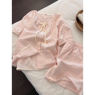 Bộ mặc nhà nữ mùa hè JOIE TRENDY, Set pijama cộc tay quần đùi đũi xốp thắt nơ màu hồng xinh xắn