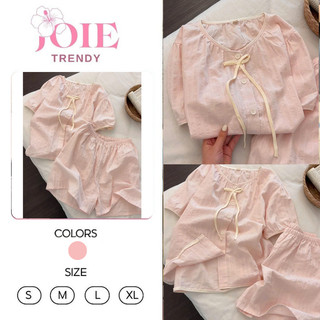 Bộ mặc nhà nữ mùa hè JOIE TRENDY, Set pijama cộc tay quần đùi đũi xốp thắt nơ màu hồng xinh xắn