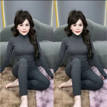Đồ Bộ Cổ Lọ Tay Dài Quần Baggy, đồ bộ gân đũa lạnh, đồ bộ nữ, đồ bộ nữ mặc nhà, đồ bộ ủ kem
