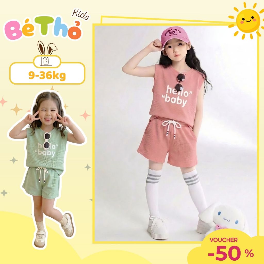 Bộ quần áo HELLO BABY mùa hè bé gái chất cotton co giãn 4 chiều sz 9- 38kg