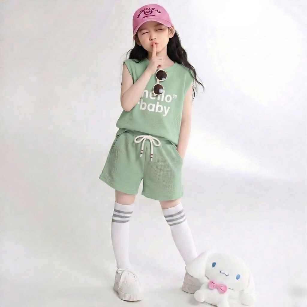 Bộ quần áo HELLO BABY mùa hè bé gái chất cotton co giãn 4 chiều sz 9- 38kg