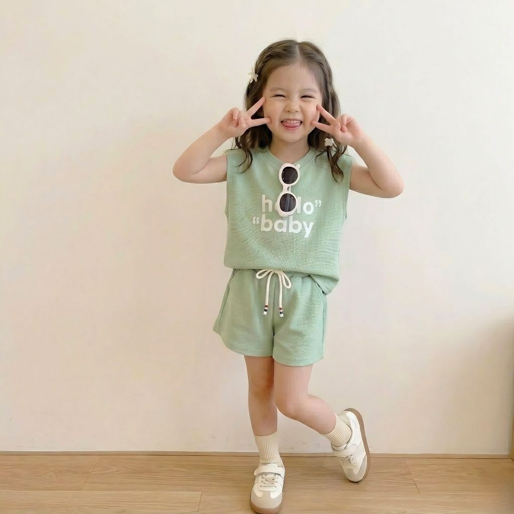 Bộ quần áo HELLO BABY mùa hè bé gái chất cotton co giãn 4 chiều sz 9- 38kg