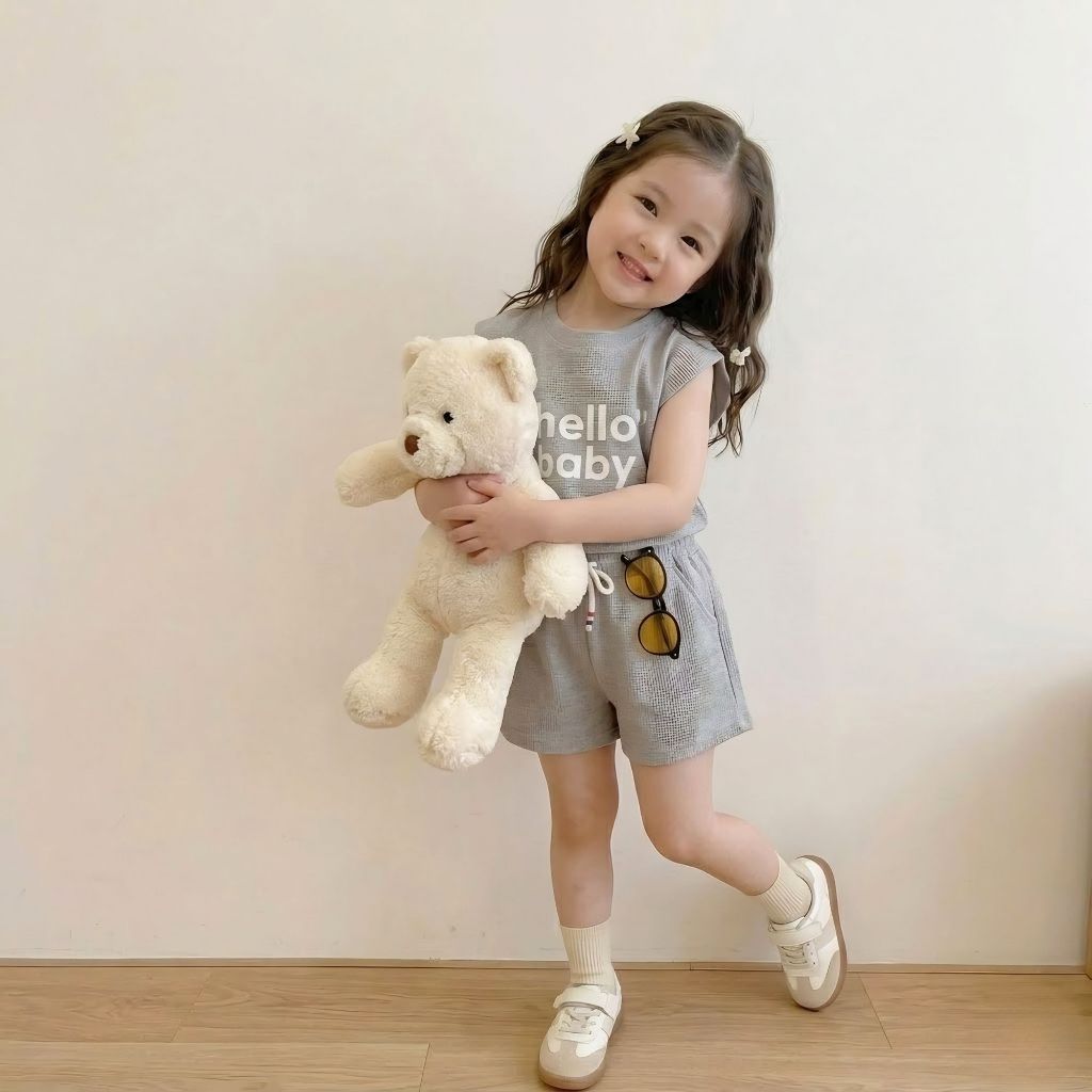 Bộ quần áo HELLO BABY mùa hè bé gái chất cotton co giãn 4 chiều sz 9- 38kg