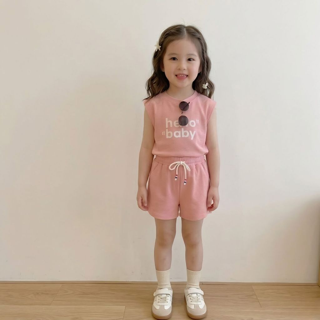 Bộ quần áo HELLO BABY mùa hè bé gái chất cotton co giãn 4 chiều sz 9- 38kg