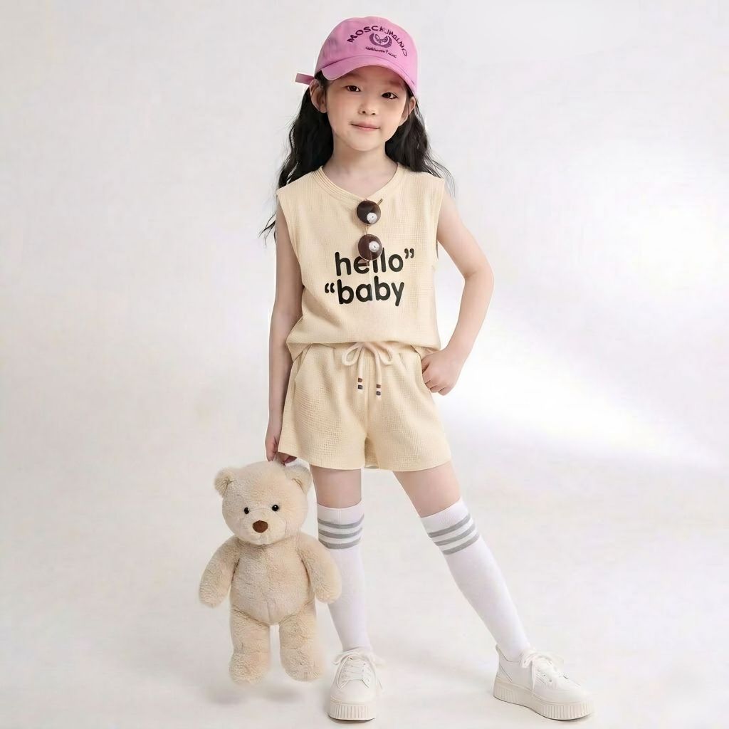 Bộ quần áo HELLO BABY mùa hè bé gái chất cotton co giãn 4 chiều sz 9- 38kg