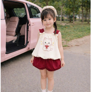 Bộ Quần Áo Bé Gái Mèo Hello Kitty Fom Rộng Cho Mẹ và Bé In Hình Siêu Cute Vải Thun Cotton Dày Dặn Co Giãn Tốt Sz 7-47Kg