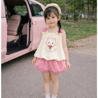 Bộ Quần Áo Bé Gái Mèo Hello Kitty Fom Rộng Cho Mẹ và Bé In Hình Siêu Cute Vải Thun Cotton Dày Dặn Co Giãn Tốt Sz 7-47Kg