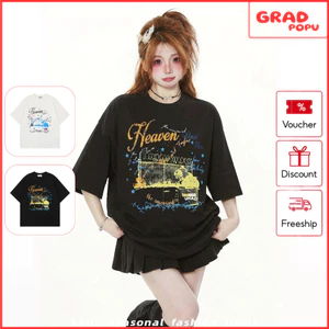 Áo thun nữ GRADPOPU dáng rộng tay ngắn cổ tròn in hình cá tính phong cách streetwear AN373