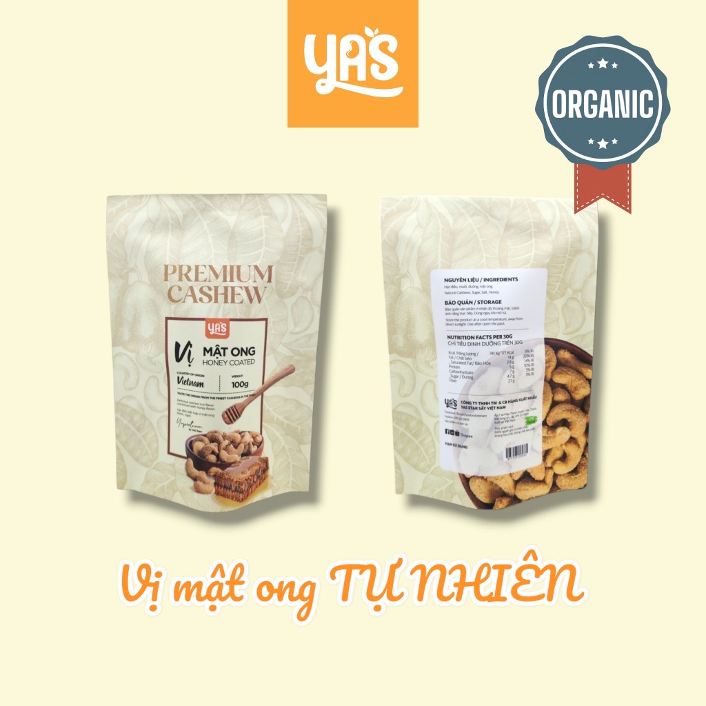 Hạt Điều Mật Ong YAS Túi 100g - Điều Nguyên Hạt Cùng Mật Ong Béo Ngậy Thích Hợp Ăn Vặt, Biếu Tặng